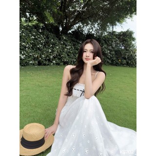Set váy áo 2 dây nơ đen phối chân váy dài xòe nhẹ chất boi thêu hoa thoáng mát KS702