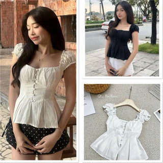 Áo babydoll tay bèo cổ vuông có chiết eo chất cotton mềm mịn, áo kiểu nhún ngực dáng xòe tôn dáng trẻ trung