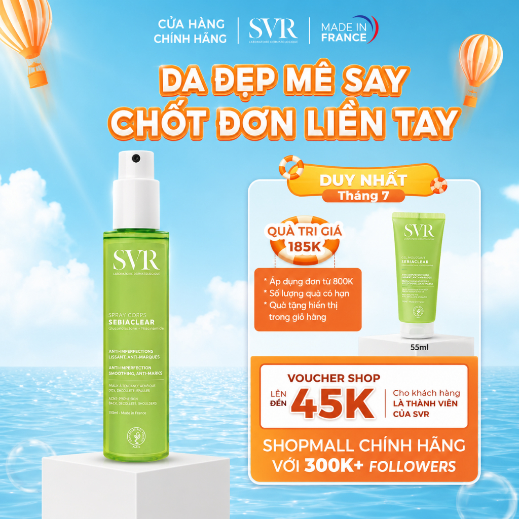 Xịt giảm mụn lưng và cơ thể, hỗ trợ mờ thâm SVR Sebiaclear SPRAY CORPS 150ML