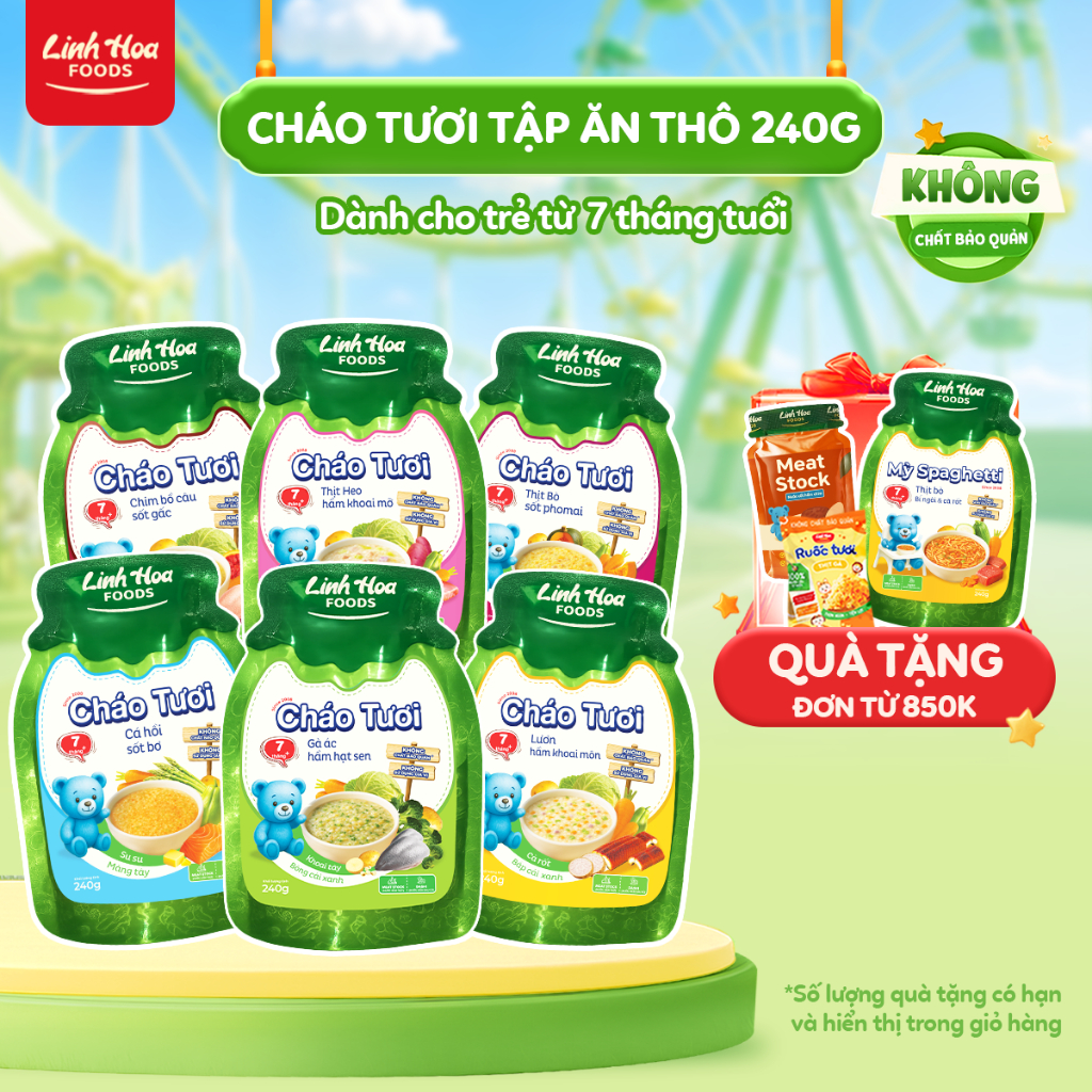 [7m+] Combo 18 Gói Cháo Tươi Tập Ăn Thô Linh Hoa Foods 240g - Không Gia Vị