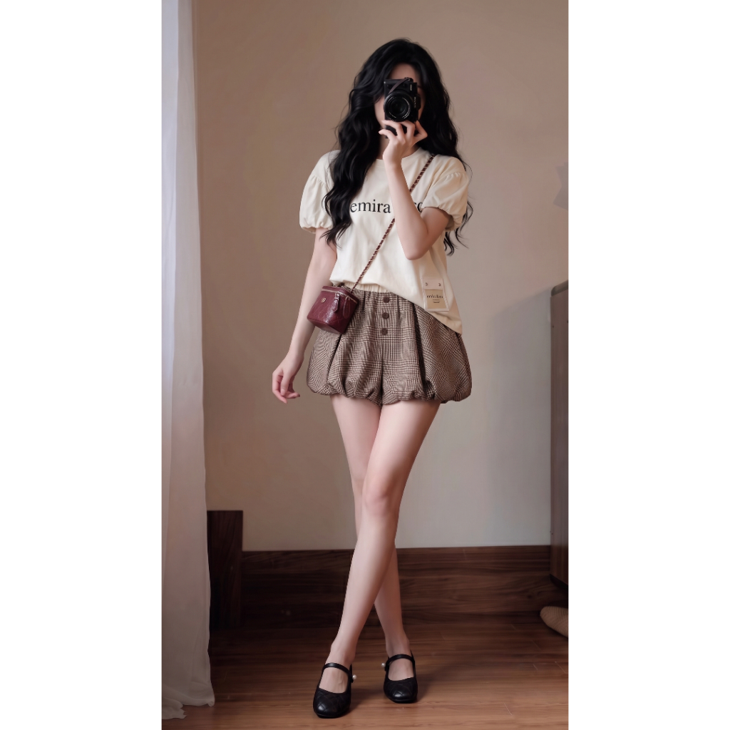 Set váy xinh mùa hè áo thun đơn giản kết hợp chân váy caro xếp ly ngắn, set mùa hè nữ mặc đi học đi chơi HCOM25820