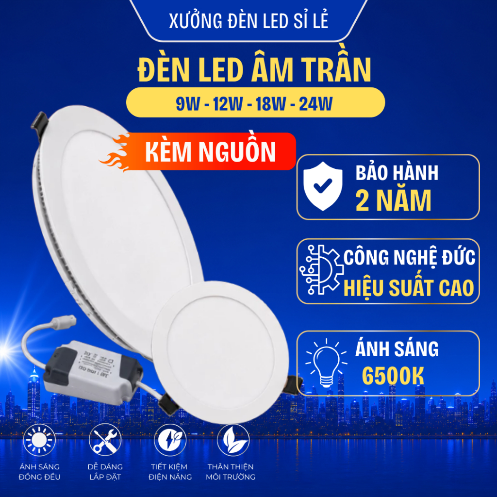 Đèn Âm Trần Siêu Mỏng 12W 18W 24W Ánh Sáng Trắng Nối Điện 220V Tiết Kiệm Điện