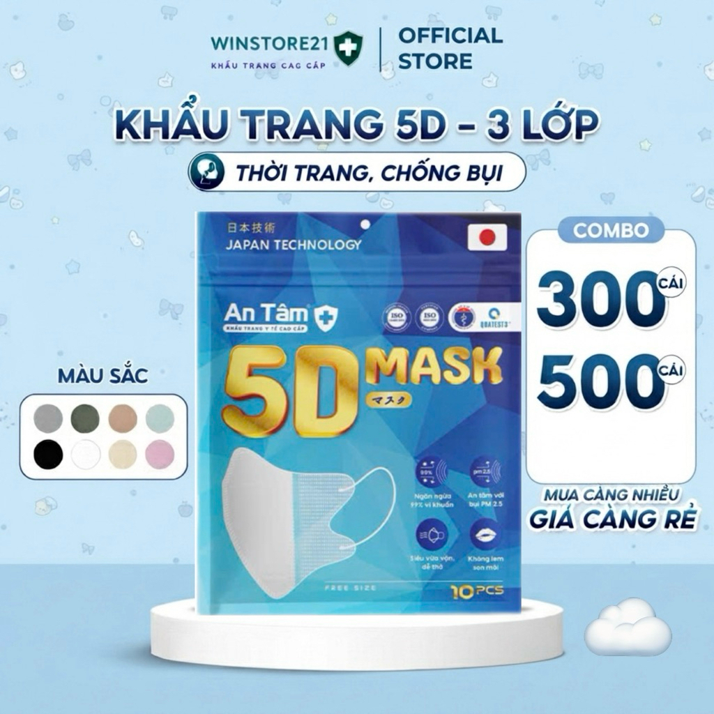 Live- Khẩu trang 5D An Tâm CHÍNH HÃNG quai thun, kháng khuẩn đa dạng màu sắc