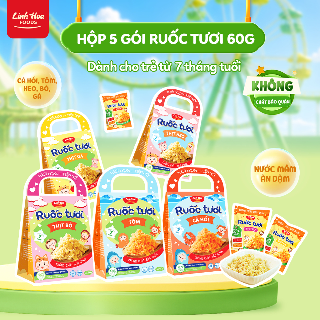 Hộp 5 Gói Ruốc Tươi 60G (Cá hồi, Heo, Tôm, Bò, Gà) LINH HOA FOODS - Ăn liền