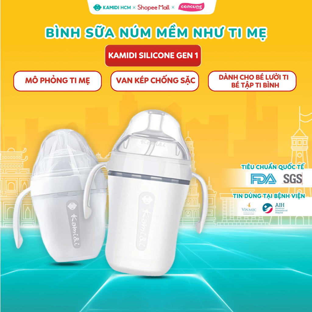 Bình Sữa Cho Bé Kamidi Silicone - Núm Mềm Như Ti Mẹ - Dung Tích 150ml/250ml - Bình Sữa Cho Bé Tập Ti