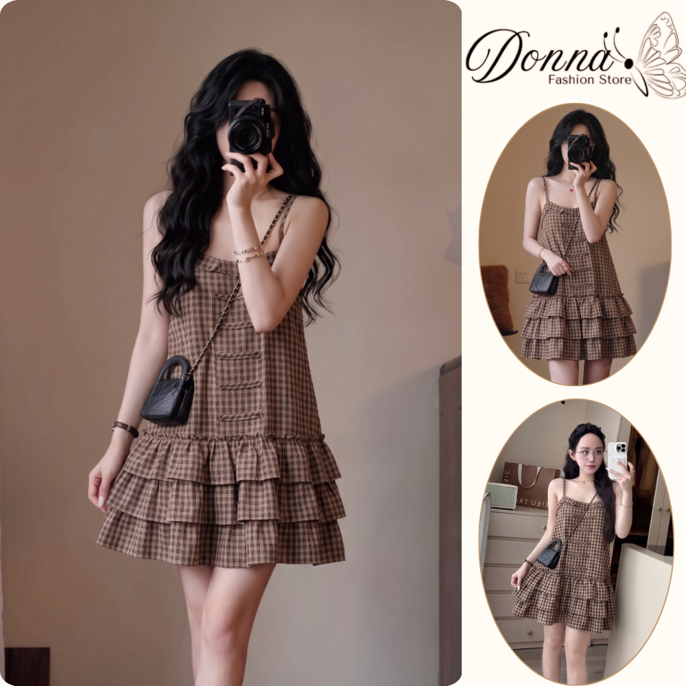 Váy hai dây kẻ caro phối bèo tầng đầm babydoll dáng suông ngắn màu nâu điệu đà phong cách coquette hcom25970