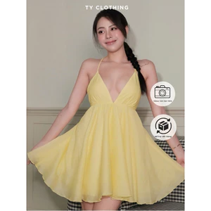 Đầm dây tơ tằm vàng chanh xẻ ngực đi biển - Hàng Thiết Kế - TY CLOTHING