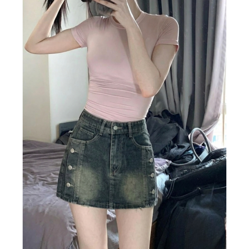 Váy Quần Jean Nữ Bigsize ESHOP Quần Váy Jean Short Nữ Form Rộng Lưng Cao Nút Viền Thời Trang Bigsize