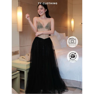 Đầm hai dây ren dáng dài lưới phối màu đen , Hàng Thiết Kế - TY CLOTHING