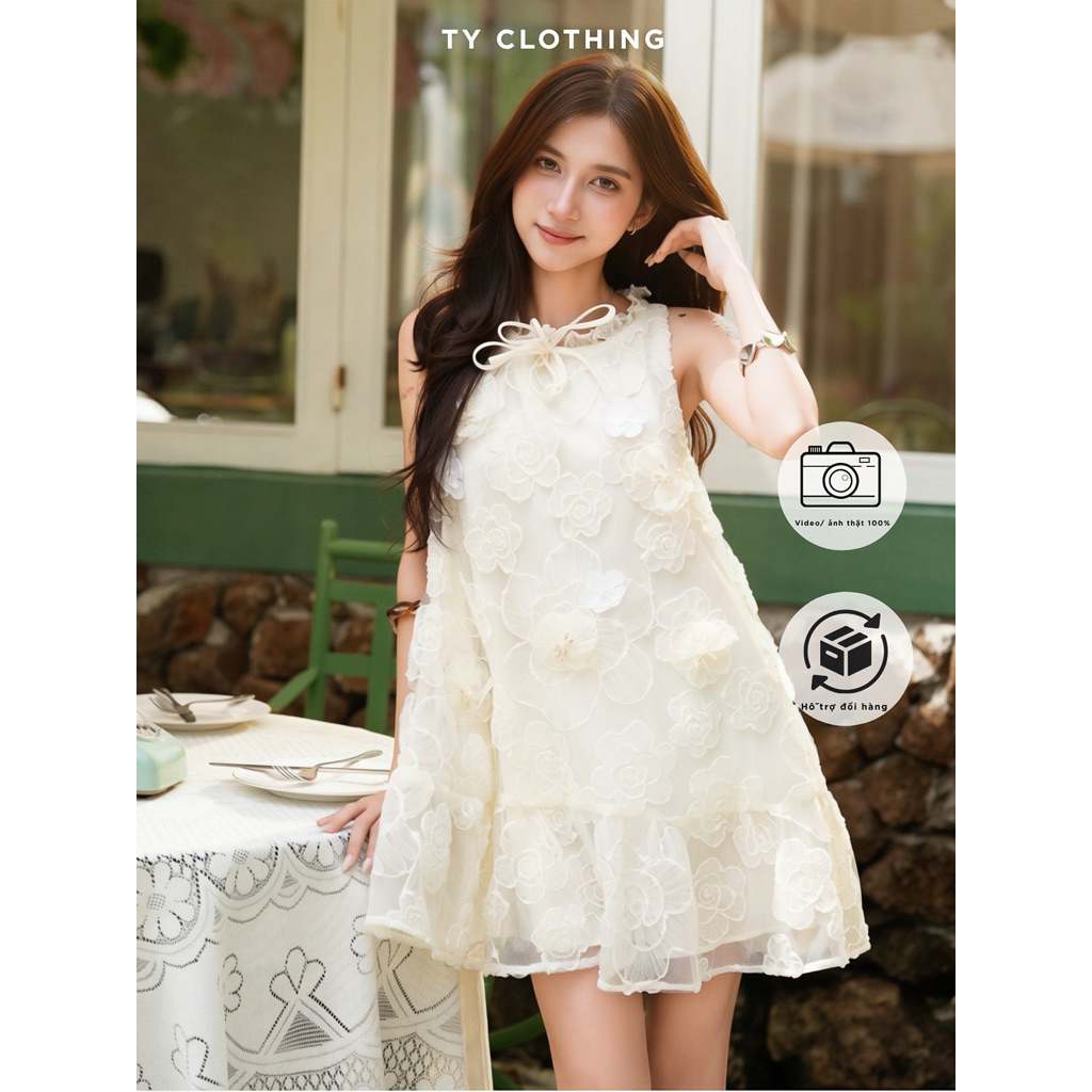 Váy BabyDoll phối Hoa 3D Tiểu Thư Sang Chảnh - Màu Be - Hàng Thiết Kế - TY CLOTHING