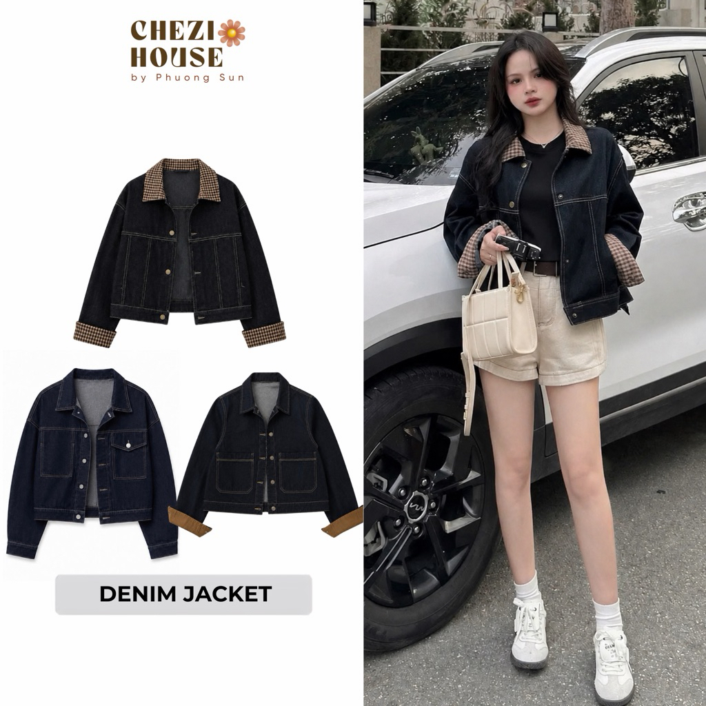 Áo Khoác Bò Nữ Xanh Denim Phối Tay Nâu, Áo Khoác Jean Form Hàn Quốc Dáng Lỡ Siêu Hot #J8037 #J8039 CHEZI HOUSE