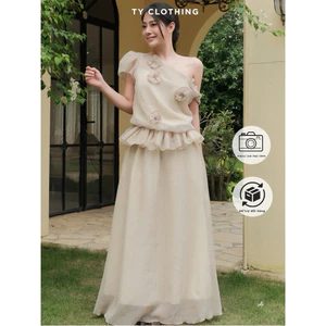 Set Lệch Vai Phối Hoa Chân Váy Dáng Dài Đi Tiệc Sang Chảnh- Hàng Thiết Kế - Màu Nâu Tây - TY CLOTHING