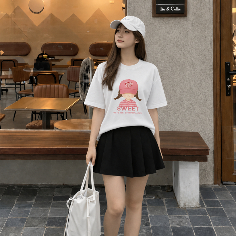 Áo Thun Nữ Tay Lỡ SWEET In Hình Cô Gái Đội Mũ Cực Dễ Thương, Phong Cách Hàn Quốc, Form Rộng Unisex