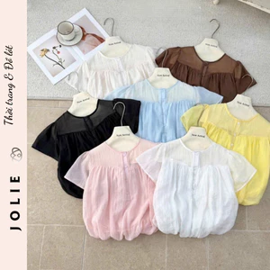 Áo Kiểu Tơ Đũi Nữ Cổ Tròn Dáng Babydoll Bo Gấu Tay Ngắn JOLIE Thời Trang Hè