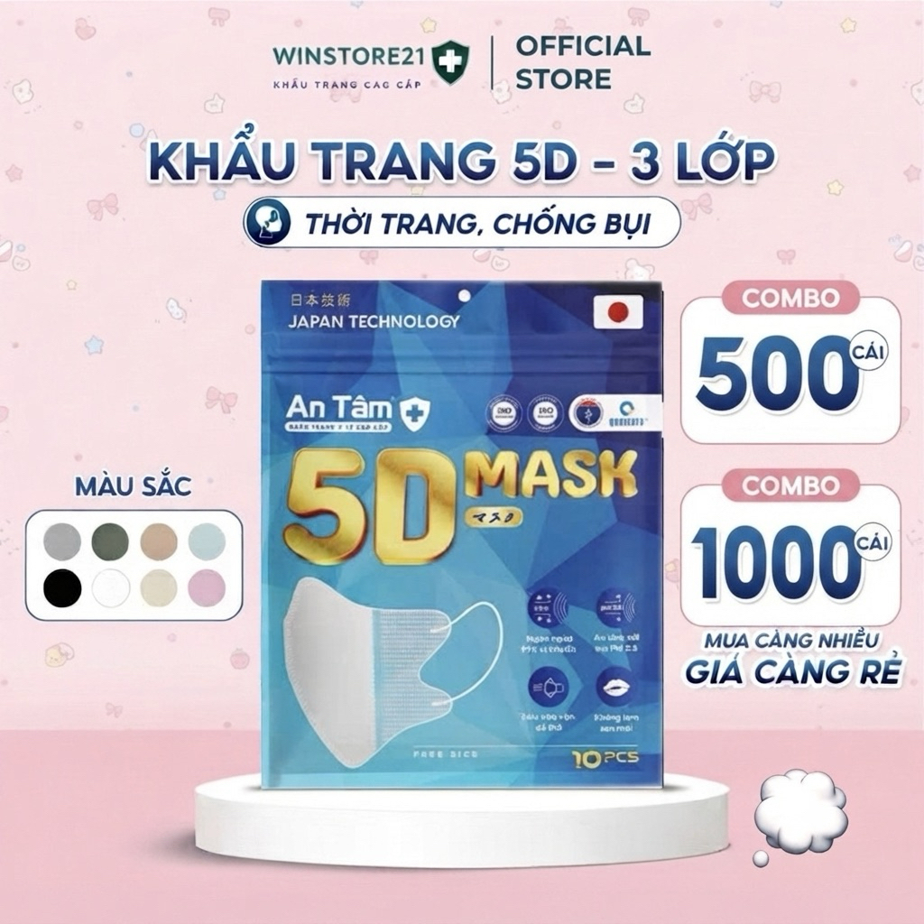5D MASK-Thùng 1000cái Khẩu trang 3 lớp kháng khuẩn chính hãng An Tâm ôm sát khuôn mặt, bảo vệ tối ưu