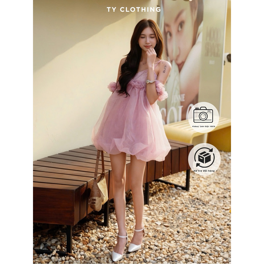 [ TYCLOTHING ] - Váy Tơ BaByDoll - Hàng Thiết Kế - Màu Hồng Ánh Tím và Màu Kem