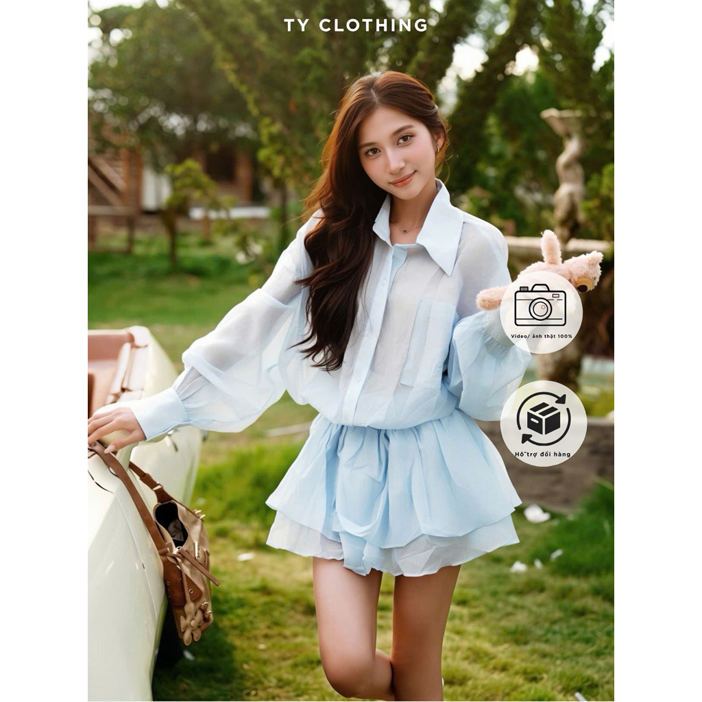 Váy sơ mi tơ (kèm gấu)-Hàng thiết kế-màu Xanh baby-TYCLOTHING