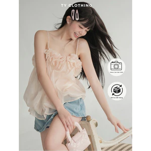 Áo 2 Dây Viền Hoa Trước Ngực Hai Màu, Trắng Be , Cam Sữa - Hàng Thiết Kế - TY CLOTHING