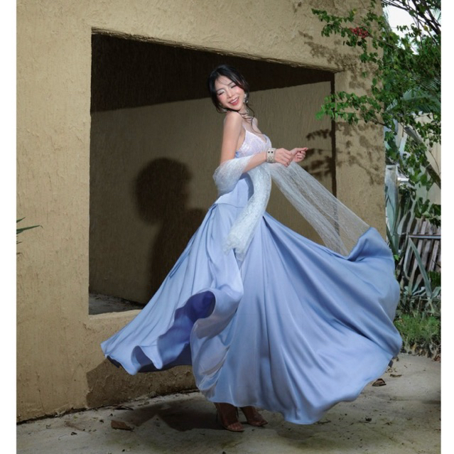 EDORA DRESS - ĐẦM LỤA XANH ÁNH TÍM 2 DÂY PHỐI NGỰC ĐÍNH CƯỜM ( phiên bản mới )