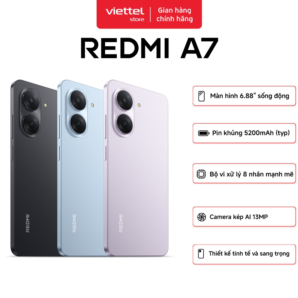 Điện thoại Xiaomi Redmi A7 3G + 64GB | Màn hình 6.88" HD+ | Unisoc T7250 8 nhân | Pin 5200 mAh | BigBuy360 - bigbuy360.vn