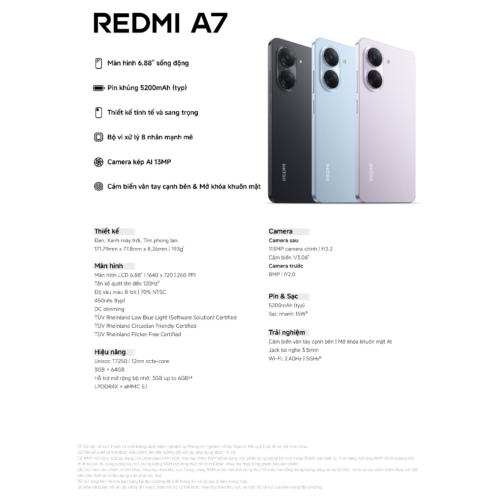 Điện thoại Xiaomi Redmi A7 3G + 64GB | Màn hình 6.88" HD+ | Unisoc T7250 8 nhân | Pin 5200 mAh | BigBuy360 - bigbuy360.vn