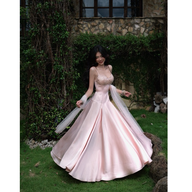EDORA DRESS - Đầm Lụa Hồng Đào 2 Dây Phối Ngực Đính Cườm ( phiên bản mới )