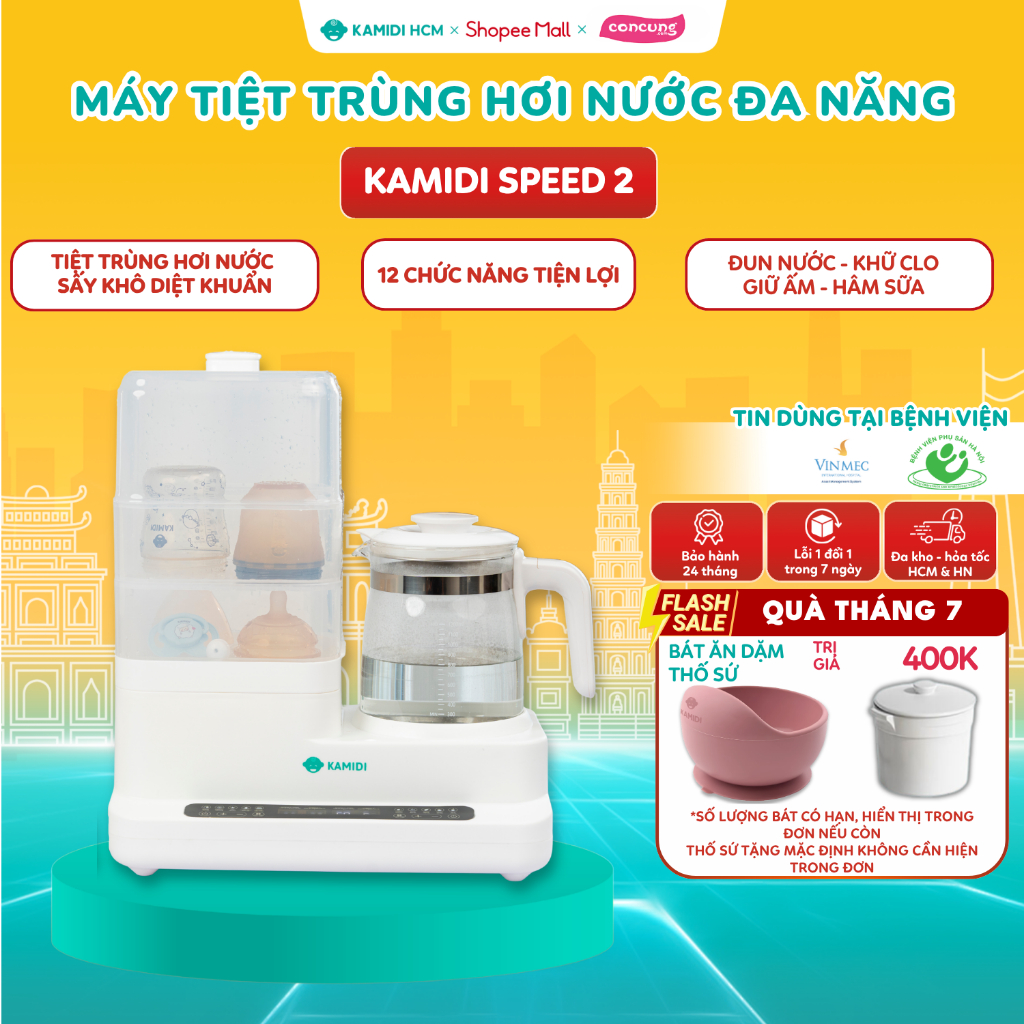 Máy Đun Nước Hâm Sữa Đa Năng Kamidi Speed 2 - Tiệt Trùng Sấy Khô Bình Sữa 12 Chức Năng - Tặng Thố Sứ