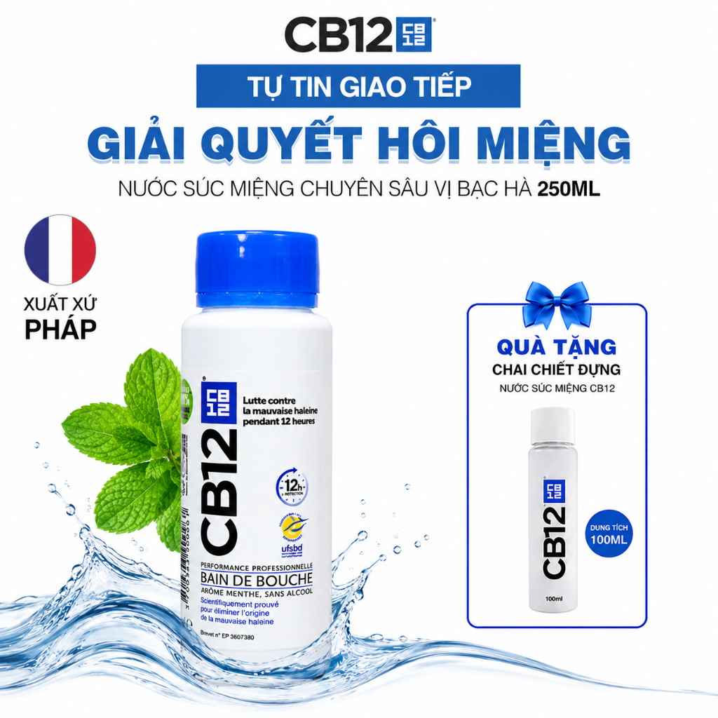 Nước Súc Miệng Kiểm Soát Hơi Thở 12H CB12 Mint Hương Bạc Hà 250ml - Khử Hôi Miệng - Không Cồn, Dịu Nhẹ