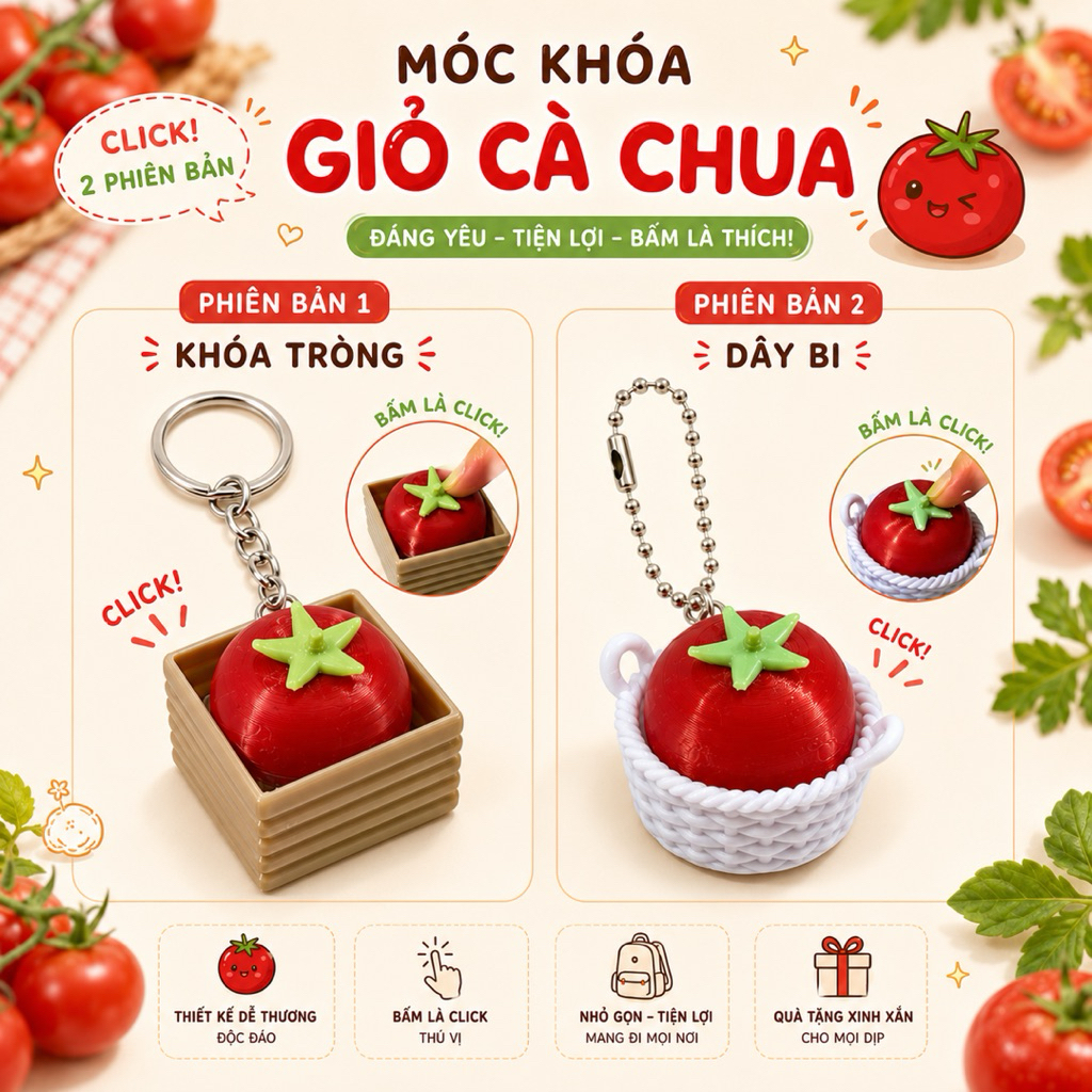🍅 Móc Khóa Giỏ Cà Chua Click 3D – 2 Phiên Bản