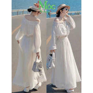 Set váy dài, Set thiết kế áo trễ vai chất Đũi viền Ren mix chân váy maxi 2 lớp mặc hè đi biển
