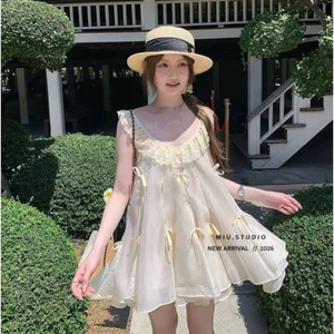 MIU.STUDIO • Váy babydoll 2dây cánh tiên phối ren bèo đính nơ sang chảnh, Đầm thiết kế dáng ngắn xoè bồng bềnh tiểu thư
