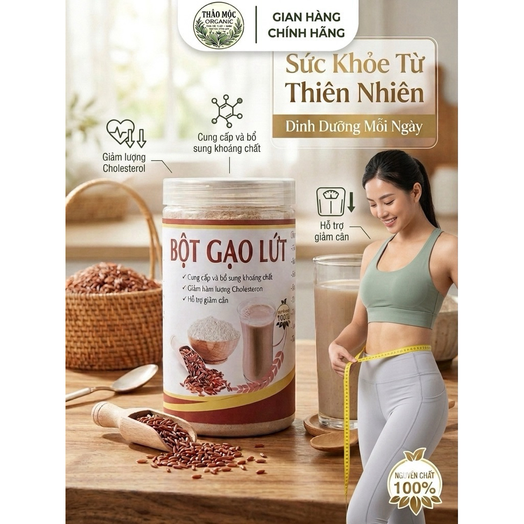 Bột Gạo Lứt Đỏ Huyết Rồng nguyên Chất Hũ 500g - Thảo Mộc Organic cho người bận rộn