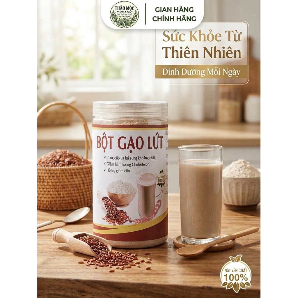 Bột Gạo Lứt Đỏ Huyết Rồng nguyên Chất Hũ 500g - Thảo Mộc Organic cho người bận rộn