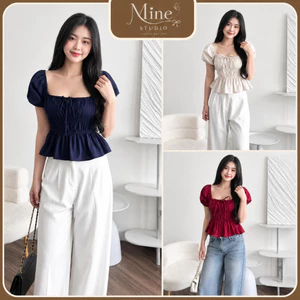 Áo Kiểu Nữ Tay Phồng Cổ Vuông Rút Dây Nhún Eo Dáng Peplum Chất Vải Nhăn Mềm Phong Cách Hàn Quốc