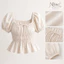 Áo Kiểu Nữ Tay Phồng Cổ Vuông Rút Dây Nhún Eo Dáng Peplum Chất Vải Nhăn Mềm Phong Cách Hàn Quốc