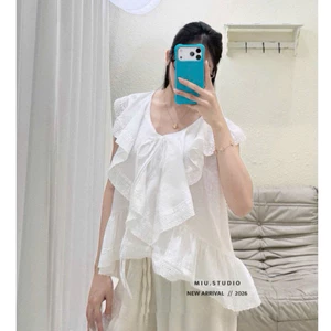 “Trice Top” Áo babydoll kiểu nữ phối ren bèo tầng phong cách Hàn Quốc , Áo sát nách nữ dáng xoè cổ V cột nơ sang chảnh