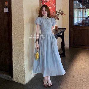 MIU.STUDIO •”Popy dress” Váy sơmi kẻ dáng dài thiết kế chiết eo tay bồng,Đầm xoè công sở pha cổ đức thanh lịch trẻ trung