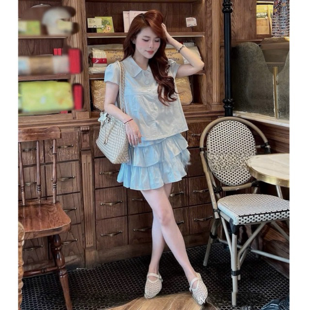 Set Áo babydoll cổ đức tay ngắn phối chân váy ngắn xếp tầng style HQ trẻ trung mặc đi chơi, cafe sang chảnh