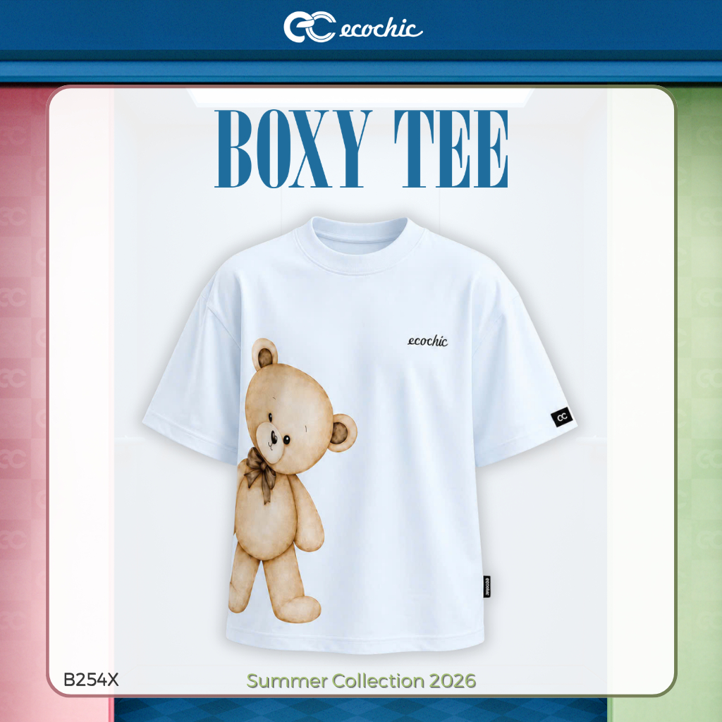 Áo Thun Boxy ECOCHIC B254 Hình Gấu Cài Nơ Công Nghệ In Digital Chất Liệu Cotton Cao Cấp Mềm Mịn