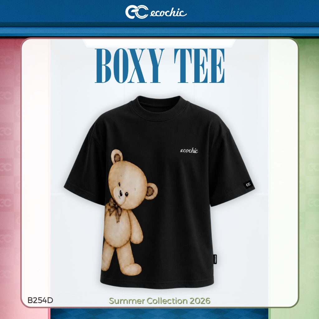 Áo Thun Boxy ECOCHIC B254 Hình Gấu Cài Nơ Công Nghệ In Digital Chất Liệu Cotton Cao Cấp Mềm Mịn