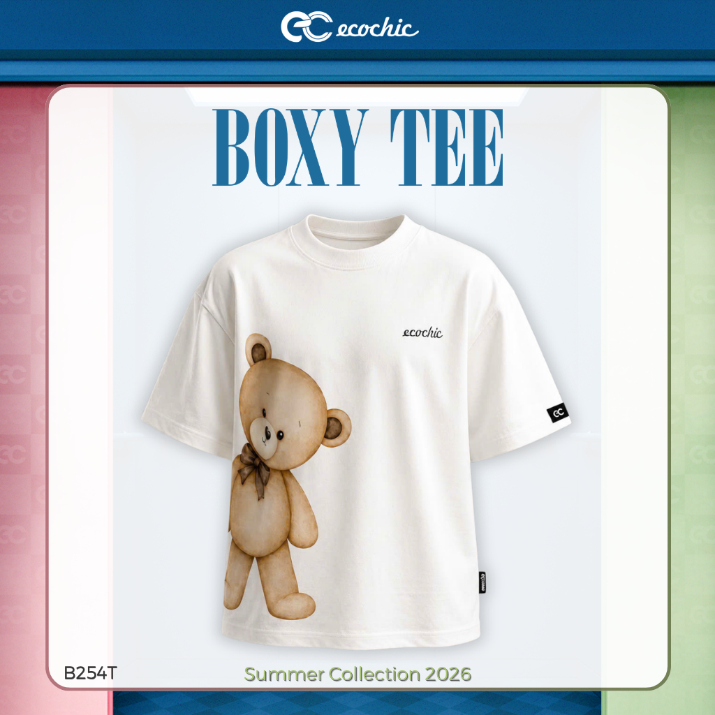 Áo Thun Boxy ECOCHIC B254 Hình Gấu Cài Nơ Công Nghệ In Digital Chất Liệu Cotton Cao Cấp Mềm Mịn