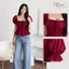 Áo Kiểu Nữ Tay Phồng Cổ Vuông Rút Dây Nhún Eo Dáng Peplum Chất Vải Nhăn Mềm Phong Cách Hàn Quốc