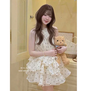 Váy yếm nữ chấm bi phối tầng bèo bồng xoè sang chảnh ,Đầm tơ bi sát nách dáng ngắn xếp tầng phong cách tiểu thư nữ tính