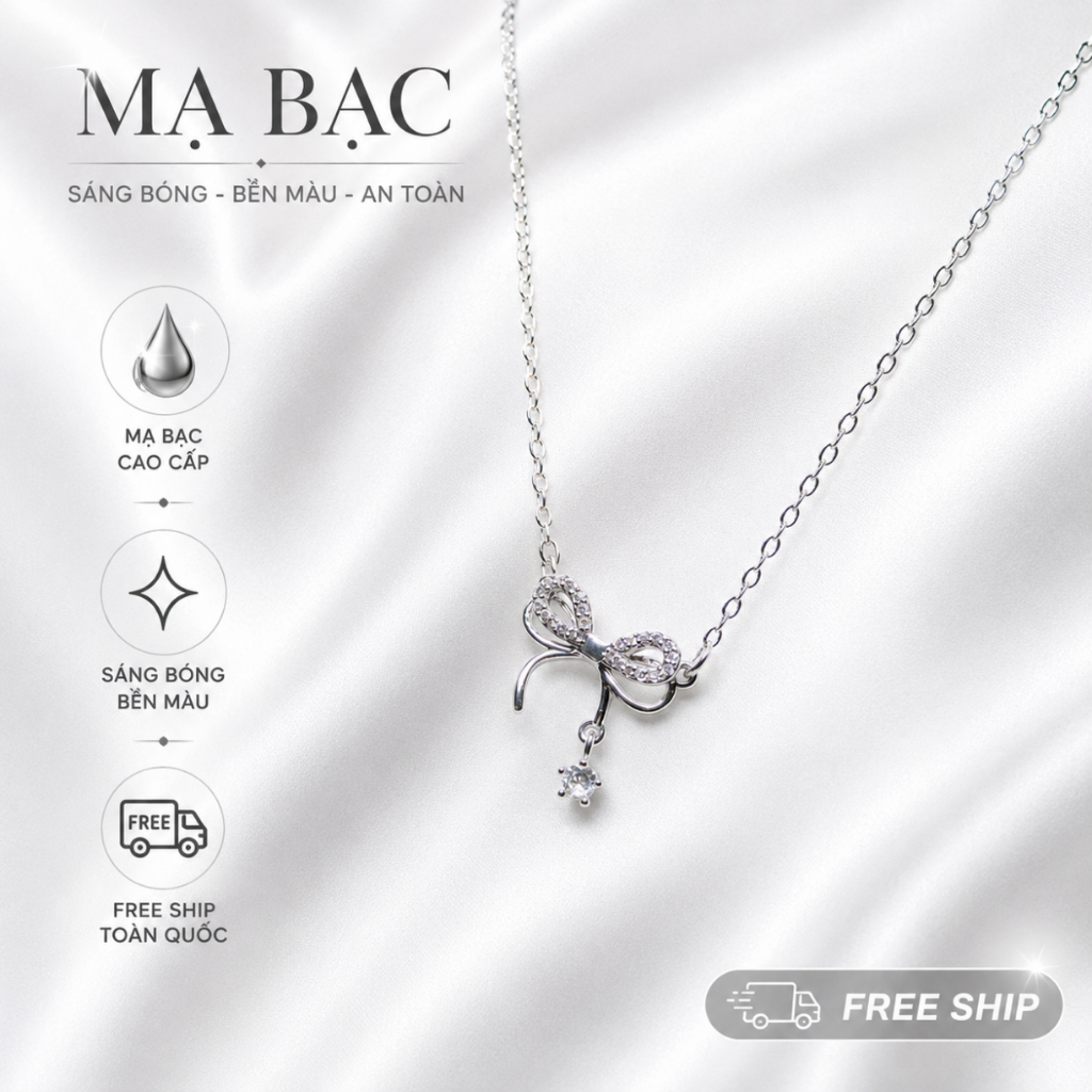 Dây Chuyền Nữ Mạ Bạc Sweet Ribbon Đính Đá Zircon - Vòng Cổ Hình Nơ Thanh Lịch Phong Cách Hàn Quốc