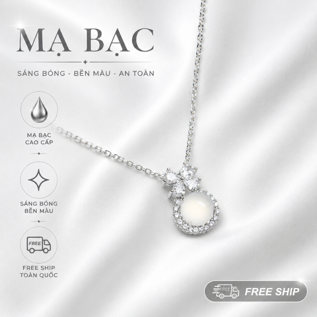 Dây Chuyền Nữ Mạ Bạc Đá Trắng Ánh Trăng Đính Zircon Cao Cấp - Vòng Cổ Bạc Thanh Lịch Phong Cách Tiểu Thư