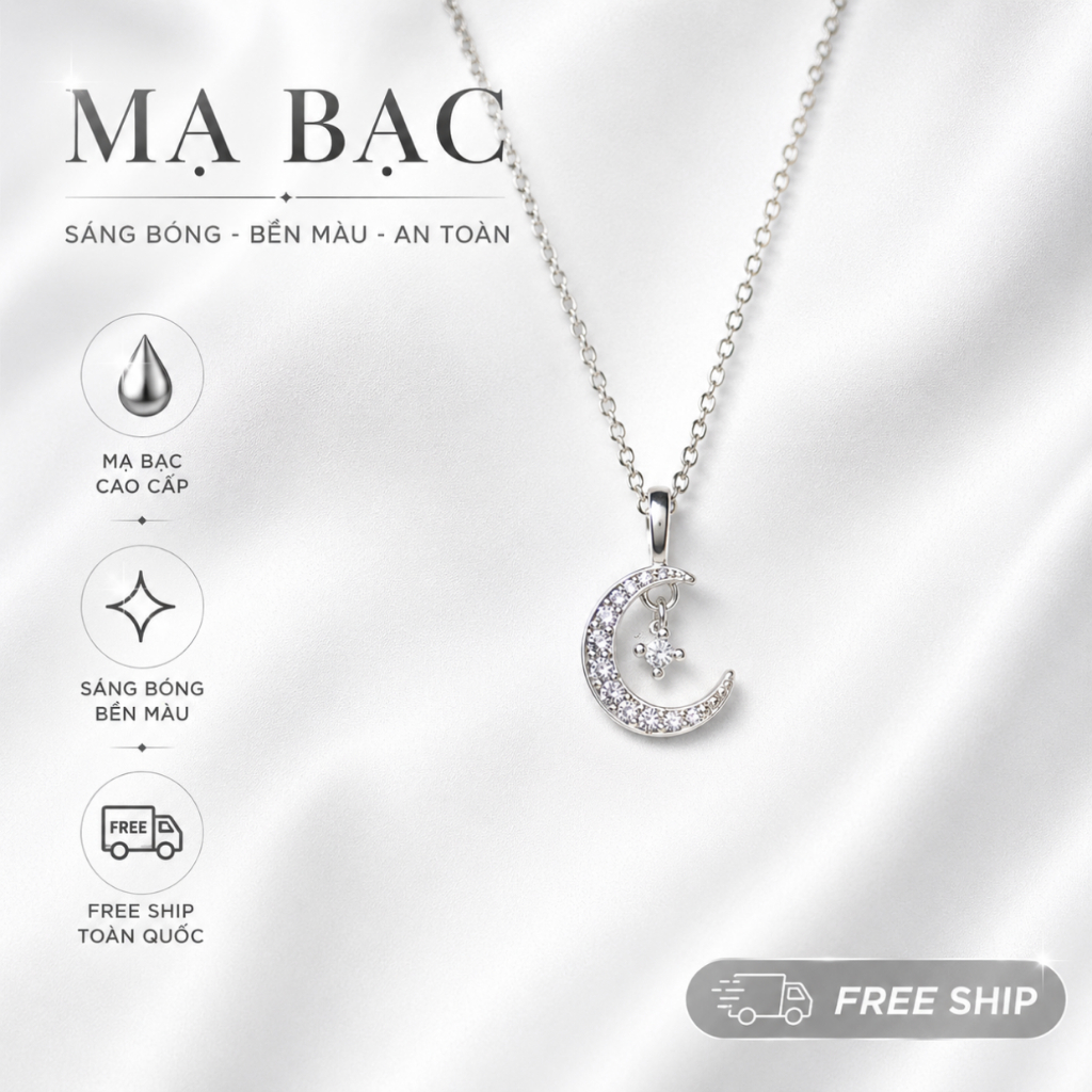 Dây Chuyền Mạ Bạc Crescent Dream  Đính Đá Zircon - Vòng Cổ Mặt Trăng Khuyết Và Ngôi Sao Thanh Lịch