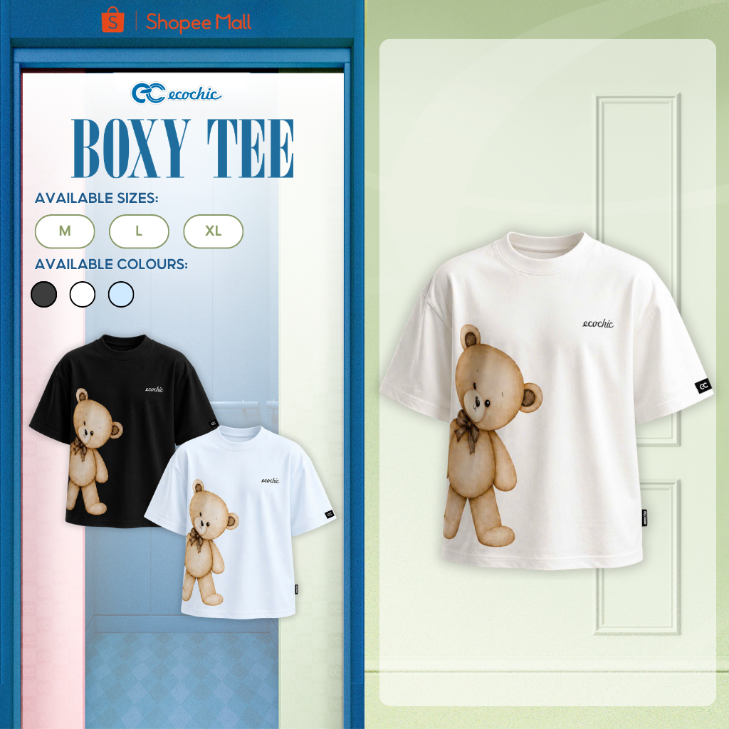 Áo Thun Boxy ECOCHIC B254 Hình Gấu Cài Nơ Công Nghệ In Digital Chất Liệu Cotton Cao Cấp Mềm Mịn