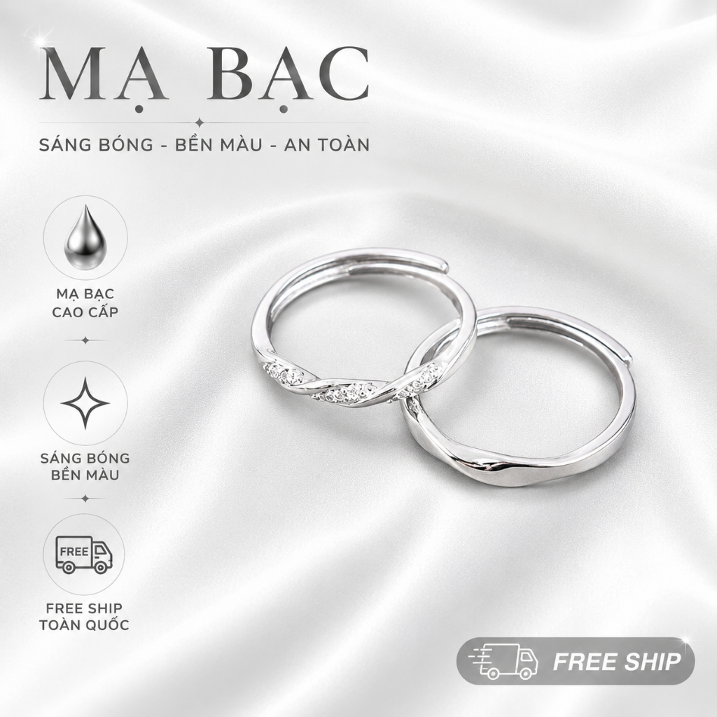Nhẫn Đôi Mạ Bạc Ocean Whisper  Cao Cấp - Cặp Nhẫn Cặp Tình Nhân Thiết Kế Sóng Biển Điều Chỉnh Size