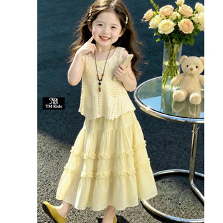 Quần áo hè cho bé gái, set đồ cho bé gái, set 3ct áo ren phối 2 dây mix chân váy dài Hàn Quốc 10-35kg Candy Kids