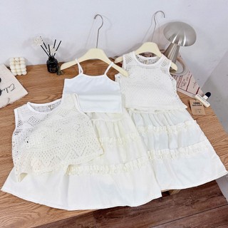 Quần áo hè cho bé gái, set đồ cho bé gái, set 3ct áo ren phối 2 dây mix chân váy dài Hàn Quốc 10-35kg Candy Kids